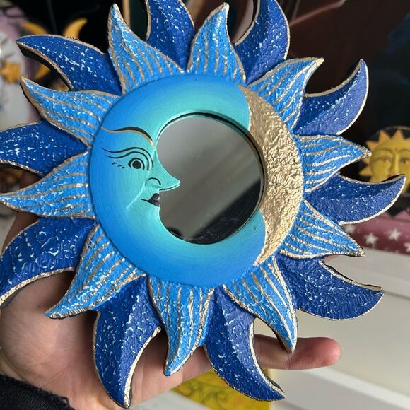 Vintage 8.5" Handpainted Blue and Gold Celestial Wall Mirror Whimsygoth - Picture 2 of 11